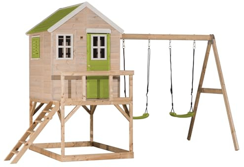 Wendi Toys M27 Stelzenhaus mit Doppelschaukel, Spielturm aus Holz für Kinder Garten Outdoor, Podesthöhe 90 cm, 192×405×242 cm, mit Leiter, Terrasse, Fensterläden, Boden, wetterfest