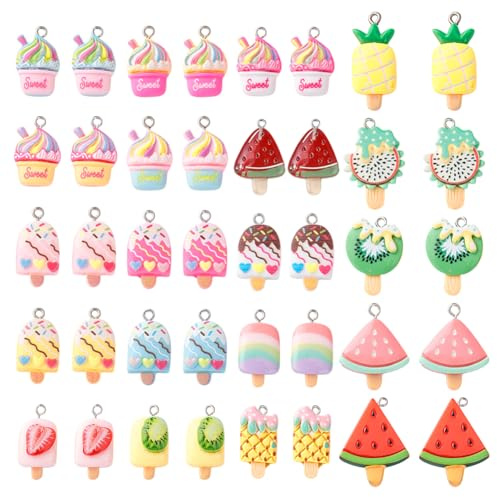PH PandaHall 40pcs 20 Styles Opaque Resin Ice Cream Pendants Imitation Food Fruits Charms Cartoon Resin Charms with Loops for DIY Craft Keychain Jewellery Making Festival Party Gifts 0.78~1.26 Inch