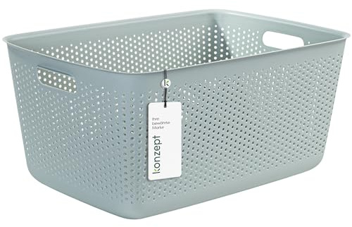 KONZEPT Aufbewahrungsbox 45l, Aufbewahrungskorb aus Kunststoff mit Griff, perforierte, grünlich Boxen zur Aufbewahrung