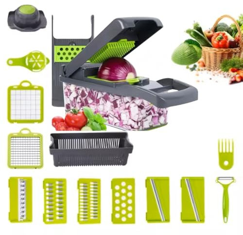 Gemüseschneider multifunktional 15-in-1 Würfelschneider Mandoline Gemüsehobel manuell vegetable chopper Obstschneider Kunststoff BPA-frei 8 austauschbare Edelstahlklingen, Gemüseschäler & Eiertrenner