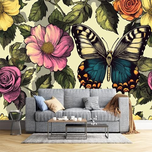 Illustration Im Anime-Stil Fototapete - Rose, Schmetterling - Größe 300X210Cm (Breite X Höhe) Wandtapete Tapete, Wandbild Wandtattoo Dekoration - Tapete, Kinderzimmer, Kindertapete