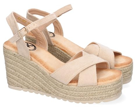 shoes&blues.es 92122 Sandalia de Cuna de Yute para Mujer, Comodas y Elegantes, Diseno Trenzado en la Pala y Cierre de Hebilla, Ideales para Primavera-Verano. Beige Talla 38