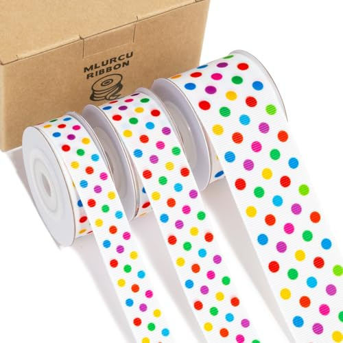 Polka Dot Ribbon Set 3 Rolls 5/8, 7/8, 1.5 Rainbow Colored Dot Grosgrain Ribbons for Gift Wrapping, Birthday Party, Baby Shower, Wreaths, Hair Bows, Banners, Candy Bags, DIY Crafts