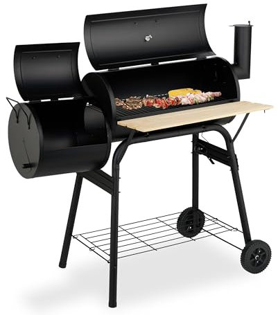 Relaxdays Barbecue Carbonella con Ruote e Ripiani, Griglia Affumicatore con Coperchio e Termometro, Acciaio, Legno, Nero, Plastica, 106x114x67 cm