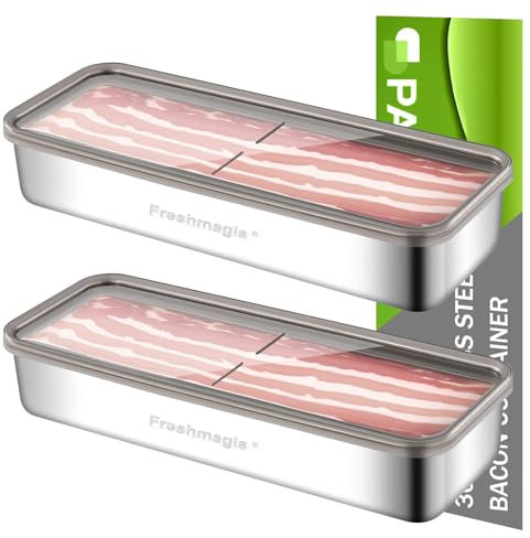 Freshmagis Aufschnittboxen für Kühlschrank Organizer mit Deckel, 2PCS 304 Edelstahl Behälter Käsebox Kühlschrank Boxen, Wurstbox Kühlschrank Aufbewahrungsboxen, Aufschnittdosen Stapelbar (1.3L)