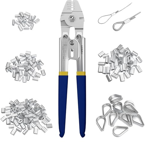 Sanuke Wire Rope Crimping Swaging Tool Cable Crimps up to 2.0mm(5/64inch) with 160pcs 4sizes Aluminum Double Barrel Ferrule Loop Sleeve and 10pcs Stainless Steel Thimble Assortment Kit