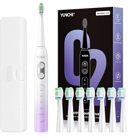 YUNCHI C2 Spazzolino elettrico per adulti e bambini, spazzolino sonico ricaricabile USB-C, con 5 modalità e timer intelligente da 2 minuti, setole morbide, 8 testine e custodia da viaggio, viola e
