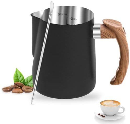 Milchkännchen Edelstahl 600ml, Milchkanne Barista mit Messung Mark, Blumennadel, Holzmaserung Handhaben, Milchkanne Edelstahl Tropfwassergeschützt für Cafés Restaurants Bars (Schwarz)