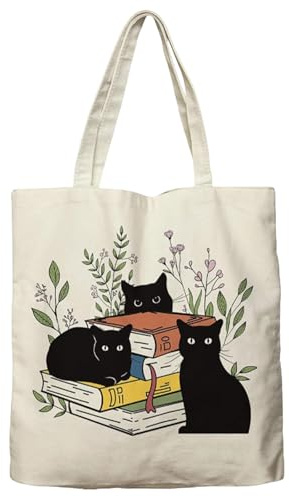 MUNSKT Borsa tote in tela con motivo floreale e 3 gatti neri, lavabile, pieghevole e riutilizzabile per shopping, vacanze, lavoro e palestra
