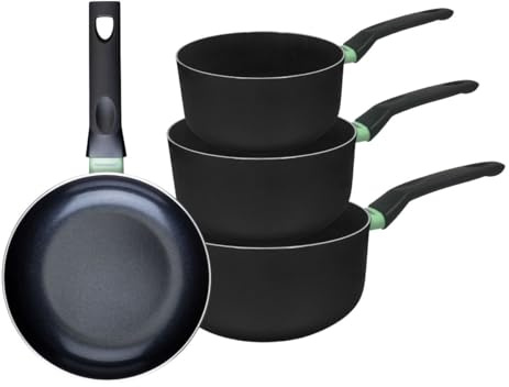Fackelmann 9430150 Ensemble de 1 poêle de 20 cm et 3 casseroles 16, 18 et 20 cm, revêtement céramique antiadhésif, sans PFAS, tous feux, induction, four, Aluminium, Noir, Vert