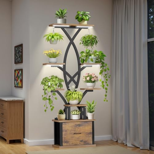 KELHOMECL Pflanzenständer mit Wachstumslicht - 165cm Hoher Blumenständer mit Schublade, 8 Ebenen Blumenregal Metall Holz mit 2 Haken, Pflanzenregal mit Licht für Drinnen, Garten und Balkon