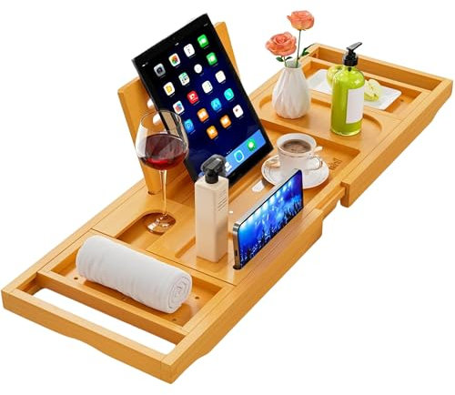 Bath Tray, Foldable Luxury Bamboo Bathtub Caddy, Adjustable Bath Board with Book Rest, Phone, Tablet, Candle, Towel, Wine Glass Holder, Extendable Wooden Tray Bath-Shelf Fits Most Bathtub Sizes