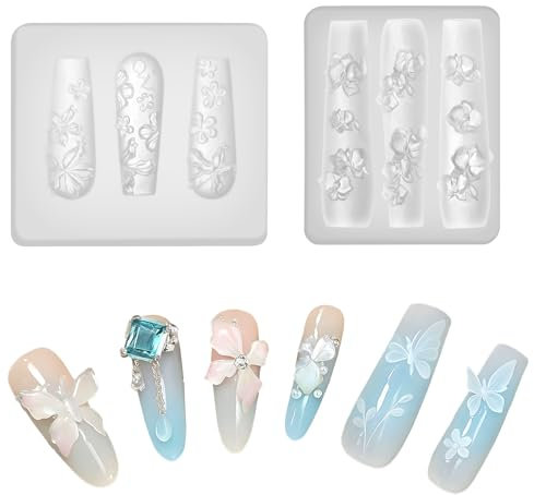 BOXOB 2uds Moldes de Silicona Uñas, Flores 3D Moldes Dijes Uñas Gel para Diseño Nails Plantillas Florales Nail Decoraciones Mujeres Plantilla Tallada para Manicura Suministros