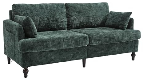 Arhatreya 2 Sitzer Sofa Couch mit Holzbeinen, 2er Klappsofa mit Aufbewahrungstasche und USB-Ladefunktion, Sitzsofa mit LED-Licht für Wohnzimmer, Schlafzimmer, Wohnung, Chenille, Smaragdgrün