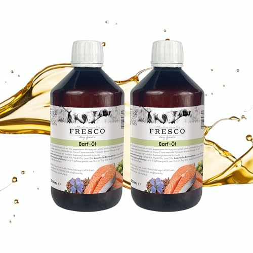 FRESCO Dog Barf Öl für Hunde 1l | 1 Liter Kaltgepresstes Omega 3 Öl | Mix aus Lachsöl, Hanföl & Leinöl | Mit Omega 3 & 6 | Reich an Vitamin D & E | Barföl hochdosiert | Abgefüllt in Deutschland