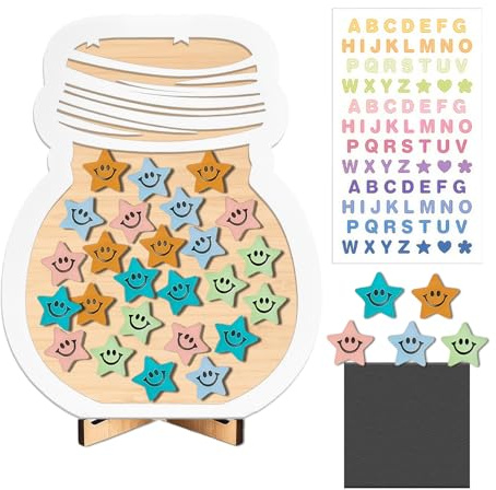 GROVBLE Reward Glass Reward Board Children Magnetic Reward System Children Reward System Primary School with Wooden Holder and 25 Stars for Classroom Home Learning Office Primary School Teacher