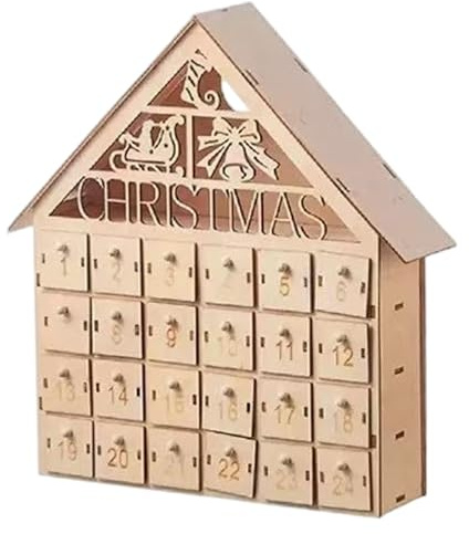 Calendrier de l'Avent en bois 24 tiroirs lumières LED Calendriers de l'Avent Noël DIY pour remplir le compte à rebours Noël en forme maison village pour enfants et adultes, 11x10x3 po..