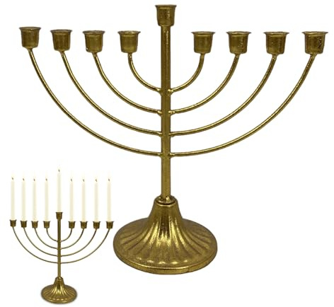 Hanukkah Menorah con portacandele – tradizionale candeliere in ferro con finitura oro retrò per feste ebraiche