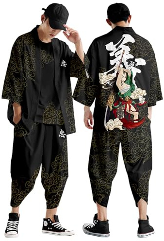 Générique Kimono décontracté Ample pour Homme Ensemble Vestimentaire Estival à Manches Courtes Cardigan imprimé Multicolore Japonais Peignoir de Style National à la Mode (Black, M)