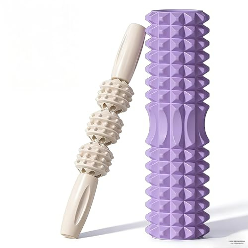 Fasciarulle (45 * 12cm), en fitnessrulle som används for självmassage av rygg och ben, effektiv massagerulle for funktionell träning, med massagestav(Purple)