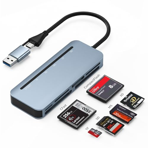 CFast Card Reader - USB 3.0 5Gbps 6-in-1 CFast/CF/SD/TF/MS/XD Card Adapter, Simultaneous Read 6 Cards, Aluminum CFast 2.0 Card/Memory Stick Pro Duo Adapter for iPhone 15/16/17, Android, MacBook, PC