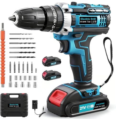 21V Cordless Drill Set,25+3 Torque Power Drills Cordless,50N.m Max Electric Screwdriver,3/8 Inch Chuck Battery Drills with 2×2.0Ah Batteries,2 Variable Speeds,LED Light,Drill Set for Garden DIY