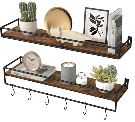 VASAGLE Estantes de Pared, Juego de 2, Estantes Flotantes con Barra, Baldas Suspendidas, para Cocina, Dormitorio, Sala de Estar, Marrón Rústico y Negro Tinta LWS461KD01