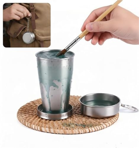 304 Stainless Steel Collapsible Paint Brush Washer - Portable Watercolor Water Cup with Keychain, Solvent Safe Metal Foldable Painting Cup for Travel, Plein Air, Oil & Acrylic Art Supplies
