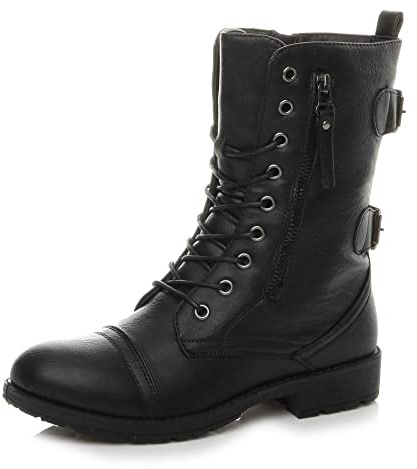 Ajvani Womens Ladies Flat Low Heel Lace up Zip Combat Military Ankle Boots Size 7 UK Black Matte