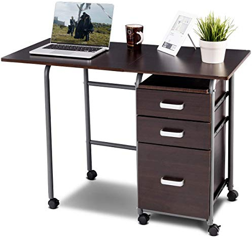 Tangkula Folding Computer Desk with 3 Drawers, Mobile Home Office Desk, Portable Laptop Desk Writing Table, Space Saving Compact Desk for Small Spaces, Dorm, Apartment