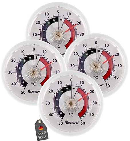 Lantelme 4 Stück Kühlschrankthermometer Selbstklebend Temperatur + - 50°C | Analog Thermometer Rund Farbe Weiß Justierbar | Temperaturkontrolle für Gefrierschrank Kühlschrank Kühltheke Eisfach