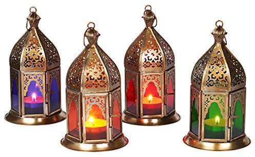 SET di 4 Lanterna orientale in metallo in vetro Basem 16cm rosso verde viola arancione | luce marocchina in vetro colorato per uso interno | Lampada per uso esterno come lanterna | luce da giardino