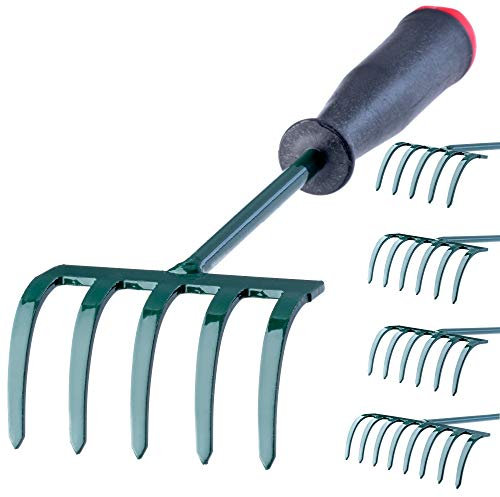 KADAX Rechen, kleine Harke mit Stiel, Laubbesen aus Metall, Laubrechen für Garten, Beet, Rasenrechen, Gartengerät, Gartenwerkzeug, Heurechen, Gartenrechen, grün (25cm, 5 Zinken)