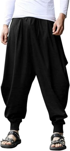 COOFANDY Black Harem Pants Men Baggy Linen Pant Hippie Beach Boho Yoga Cotton Casual Pants Black, X-Large