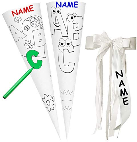 alles-meine.de GmbH Schultüte - Rohling/Bastelschultüte zum Bemalen - ABC - lustige Buchstaben - 50 cm - OHNE Tüll/Filz Abschluß - rund - incl. Name und individueller großer ..