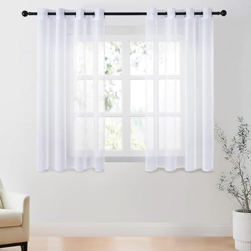CUTEWIND Gardinen mit Ösen Kurz Fenster Gardinen Weiss Transparent Ösenvorhang Gardine Küche Vorhang Weiß Durchsichtig für Schlafzimmer Wohnzimmer 2er Set, 137 cm Lang, 140 cm Breit
