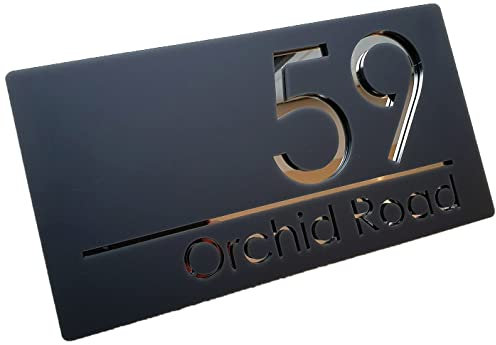 K Smart Sign | Bellissima H1 | Laser Cut Matt Dark Gray Anthracite & Silver Mirror Floating House Sign | 300mm x 160mm