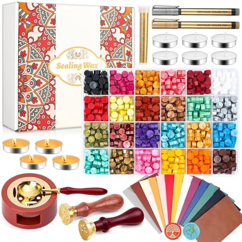 Paxcoo Sealing Wax Kit with Wax Seal Beads, Stamp, Warmer, Spoon, Envelopes for Letter Sealing