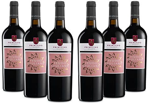 Feudo Apuliano Primitivo del Salento IGP, Rotwein mit dem Duft Reifer Früchte und einem Weichen und Harmonischen Geschmack, Alkoholgehalt 14 % Vol., Karton mit 6 Flaschen mit jeweils 750 ml
