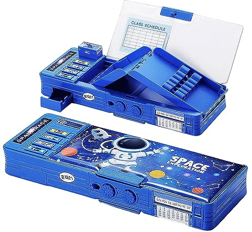 Pop up Multifunction Pencil Case for Kids Astronaut Spacesuit Pen Box Bag Pencil Holder for School Students Starry Sky Cute Pencil box for Boys with Sharpener Password Lock Schedule Whiteboard (Blue）