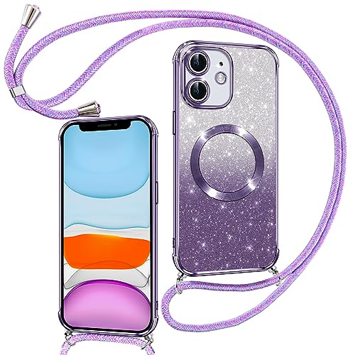 Phoona Hülle für iPhone 11 mit Band, Lila | [Kompatibel mit MagSafe] Luxuriöse Glitzer Beschichtung Magnetische Handyhülle zum Umhängen Kordel Silikon Stoßfest