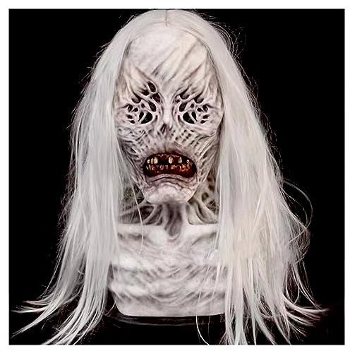 Guador Halloween Scary Latex Vollmaske - Horror Cosplay Kostüm Mit Weißem Haar - Weiblicher Geist Maske - Halloween Dekoration