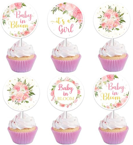 kreat4joy Baby In Bloom Cupcake-Topper, Babyparty für Mädchen, rosa Blumen-Baby-Party, Cupcake-Topper, It's a Girl Gender Reveal, Cupcake-Topper für Baby Mädchen Babyparty Geburtstag Dekorationen