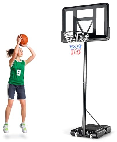 GYMAX Panier Basket Extérieur pour Enfants Adultes, Hauteur Réglable 130-305CM, Mobile Portable avec Roues, Base Stable Remplissable, Panneau Anti-bris