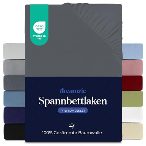 Dreamzie - Spannbettlaken - 140x200cm - 100% Gekämmte Baumwolle - Jersey | Dunkelgrau · Leintuch mit Rundumgummi · Spannbetttuch bis 22cm Steghöhe · Oeko-Tex zertifiziert · Premium · Doppelbett
