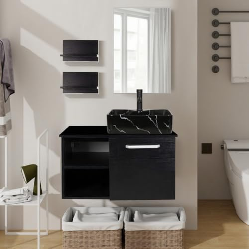 YU YUSING Set di mobili da bagno, mobiletto da bagno con lavabo, specchio, armadietto a specchio, 2 mensole da parete, rubinetto (lavabo in ceramica)
