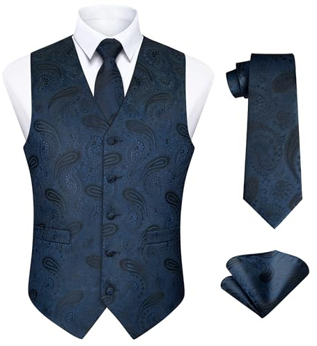 Enlision Chaleco de Vestir Hombre Boda Jacquard Paisley Elegante Chalecos Traje Corbata y Pañuelo Floral de Fiesta