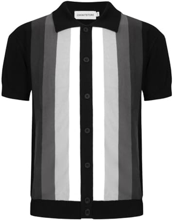 Polos OXKnit para hombre de manga corta de algodón retro a rayas de punto polo de golf camisas con botones, Color negro., L