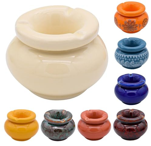 Murago - Aschenbecher Keramik Moroccan - Creme - für draussen mit Deckel Outdoor rund beige Tischaschenbecher Garten Balkon Ascher Windaschenbecher