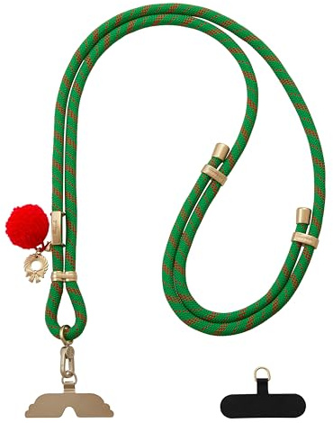 GOODAYY Mobile Phone Lanyard, Adjustable Phone Strap Crossbody with 1 Metal and 1 Nylon Durable Patch, Universal Phone Lanyard for Neck Wrist Outdoor Phone Accessories (Pale Gold Metal, Green and Red)